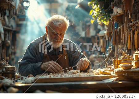 Master craftsman in sunlit workshop creating handmade wooden art amidst tools and shavings 126005217