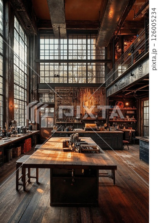 Rustic industrial workshop interior with vintage tools and warm wood accents for creative inspiration and design spaces Rustic industrial workshop interior with vintage tools and warm wood accents for creative inspiration and design spaces 126005234