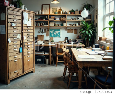 Cozy creative workspace with vintage wooden furniture and lush greenery for inspirational office design 126005303