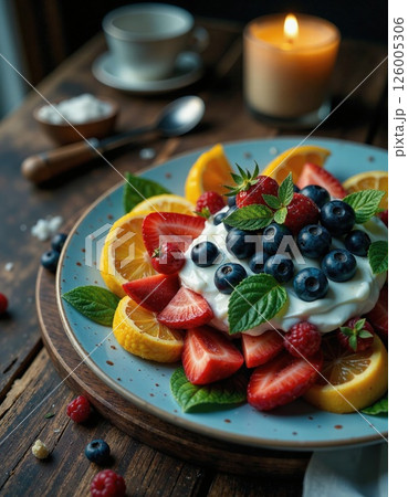 Cozy rustic brunch: fresh berry and citrus salad with cream on wooden table 126005306