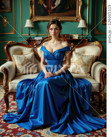 Elegant regal portrait of a woman in luxurious blue gown in vintage room for fashion editorials or period dramas Elegant regal portrait of a woman in luxurious blue gown in vintage room for fashion editorials or period dramas 126005319