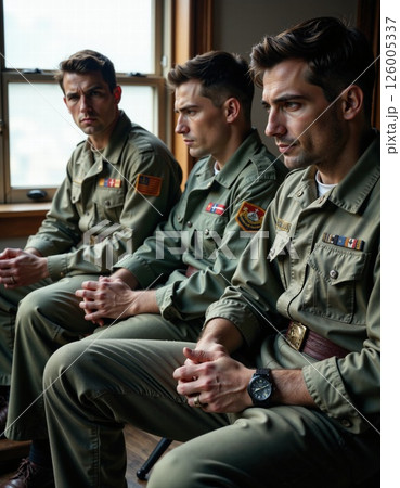 Introspective military scene with soldiers in uniform during thoughtful meeting 126005337
