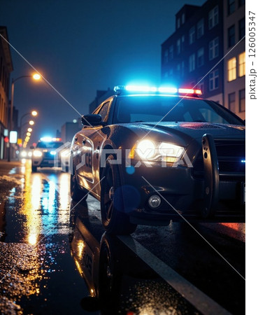 Night patrol cityscape: police cars on rain-slicked streets with reflective neon lights for urban crime drama scenes Night patrol cityscape: police cars on rain-slicked streets with reflective neon lights for urban crime drama scenes 126005347