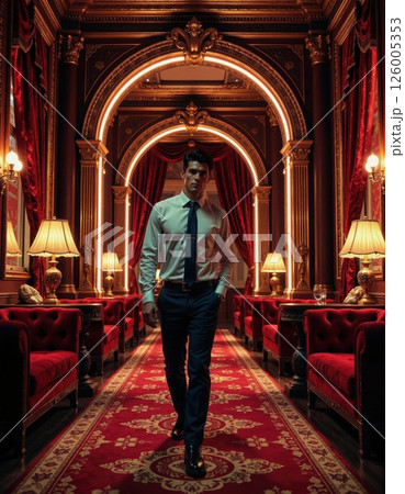 Opulent victorian interior with elegant businessman walking through luxurious red velvet lounge 126005353