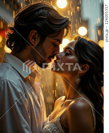 Romantic evening encounter in rainy cityscape with warm lights 126005357
