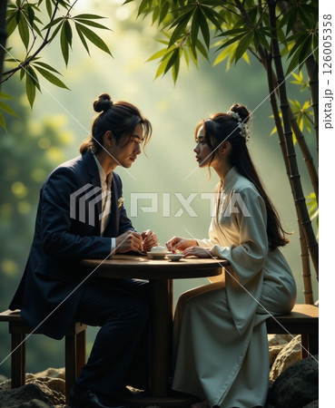 Romantic forest date: elegance and connection in nature's serenity 126005358