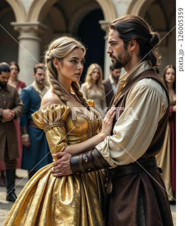 Romantic medieval encounter in opulent golden gown and leather attire amidst noble gathering 126005359