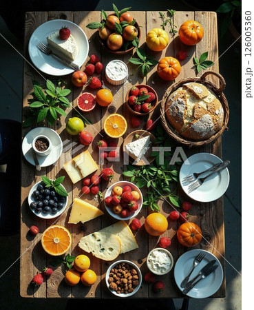 Rustic autumn harvest brunch table with fresh fruits, artisan cheeses, and homemade bread for cozy gatherings and culinary inspiration Rustic autumn harvest brunch table with fresh fruits, artisan cheeses, and homemade bread for cozy gatherings and culinary inspiration 126005360