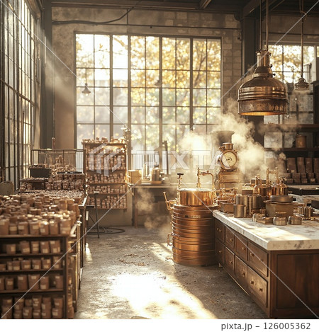 Rustic industrial workshop with sunlit vintage brass equipment and large windows 126005362