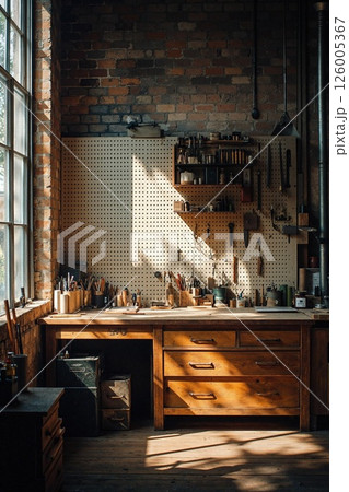 Rustic woodworking workshop with natural light and organized tools for creative craftsmanship and diy inspiration Rustic woodworking workshop with natural light and organized tools for creative craftsmanship and diy inspiration 126005367
