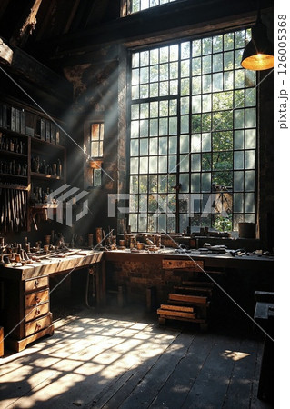 Rustic workshop with sunlit windows and vintage tools in an old world artisan studio Rustic workshop with sunlit windows and vintage tools in an old world artisan studio 126005368