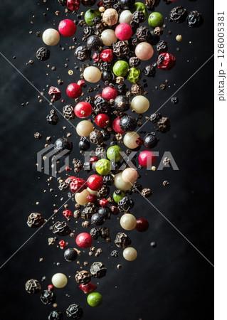 Vibrant peppercorn explosion in mid-air against dark background for culinary design Vibrant peppercorn explosion in mid-air against dark background for culinary design 126005381