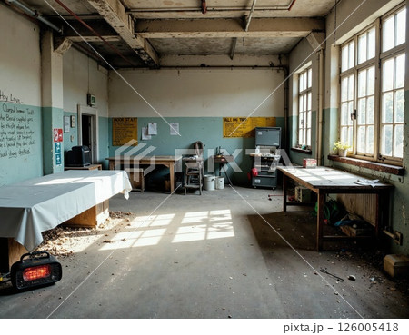 Abandoned industrial workshop with rustic vintage decor and sunlit ambiance Abandoned industrial workshop with rustic vintage decor and sunlit ambiance 126005418