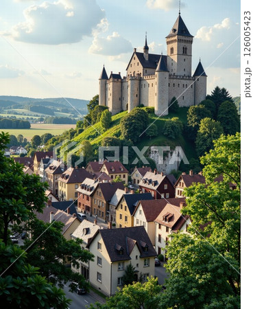 Charming medieval castle overlooking quaint village surrounded by lush greenery and rolling hills Charming medieval castle overlooking quaint village surrounded by lush greenery and rolling hills 126005423