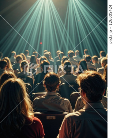 Cinematic experience: audience captivated by spotlight in dark theater setting Cinematic experience: audience captivated by spotlight in dark theater setting 126005424