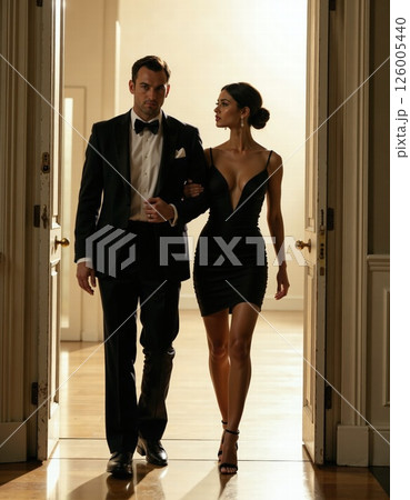 Elegant evening gala couple in formal attire walking in grand hallway 126005440