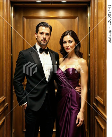 Elegant evening glamour in an opulent elevator setting for high-class events and ceremonies Elegant evening glamour in an opulent elevator setting for high-class events and ceremonies 126005441