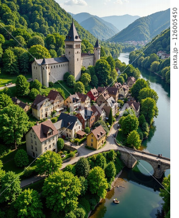 Enchanting medieval castle and village by a serene river in summer Enchanting medieval castle and village by a serene river in summer 126005450