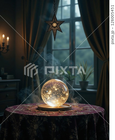 Enchanting mystical orb in cozy room with celestial ambiance for magical interior inspiration Enchanting mystical orb in cozy room with celestial ambiance for magical interior inspiration 126005451