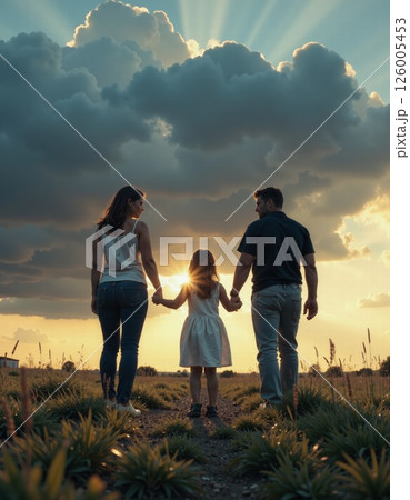 Family stroll at sunset: togetherness and connection with nature in a serene countryside landscape 126005453