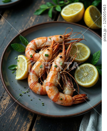Gourmet seafood delight: grilled shrimp with fresh lemons on rustic plate 126005463