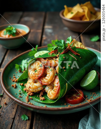 Gourmet shrimp tacos in banana leaf wrap with fresh herbs and spices on rustic wooden table setting for culinary inspiration 126005464