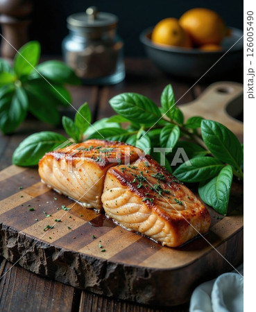 Savory herb-crusted salmon fillets with fresh basil on rustic wooden board - culinary art for gourmet enthusiasts Savory herb-crusted salmon fillets with fresh basil on rustic wooden board - culinary art for gourmet enthusiasts 126005490