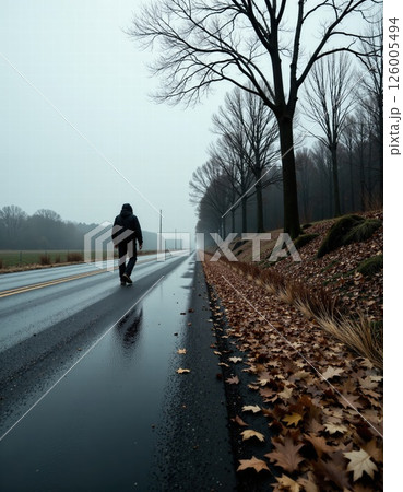 Solitary walk in autumn mist on quiet country road with reflective puddles and bare trees 126005494