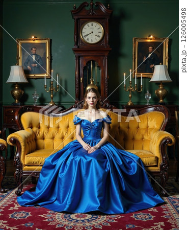 Timeless elegance: woman in royal blue gown seated in vintage victorian living room 126005498