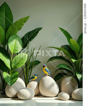 Tranquil nature retreat with tropical plants and colorful birds for home decor inspiration 126005499