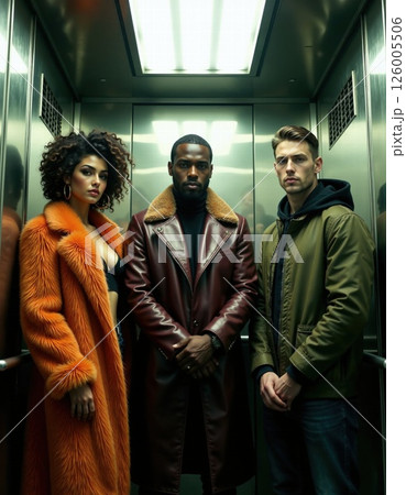 Urban fashion trio in elevator setting highlighting stylish outerwear for modern apparel collection 126005506