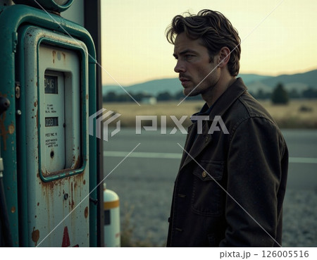 Vintage gas station encounter at dusk with pensive man in rustic jacket 126005516
