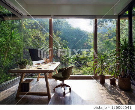 Modern Home Office Interior with Natural Light and Large Glass Windows Overlooking Lush Green Forest, Minimalist Workspace Design with Wooden Desk, Indoor Plants, and Serene Eco Friendly Atmosphere 126005541