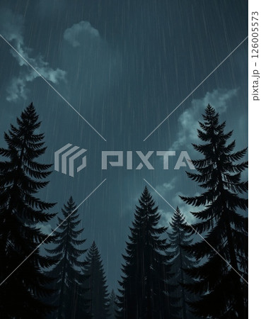 Enchanted forest rainfall at night with silhouetted pine trees and moody sky for nature-themed design projects Enchanted forest rainfall at night with silhouetted pine trees and moody sky for nature-themed design projects 126005573