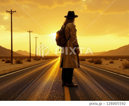 Lone traveler in desert sunset, adventure and exploration journey, road trip inspiration Lone traveler in desert sunset, adventure and exploration journey, road trip inspiration 126005592