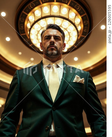 Majestic elegance in modern architecture: man in a sophisticated setting with ornate lighting 126005595