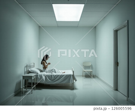 Minimalist surreal room scene with pensive woman on bed in soft ambient lighting 126005596