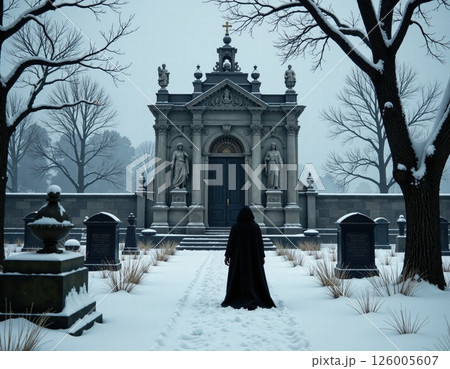 Mystical winter cemetery scene with cloaked figure and historical mausoleum architecture Mystical winter cemetery scene with cloaked figure and historical mausoleum architecture 126005607