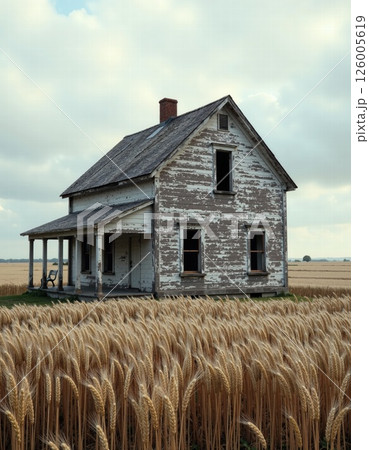 Rustic abandoned farmhouse amidst golden wheat fields under cloudy sky - rural charm and nostalgia 126005619