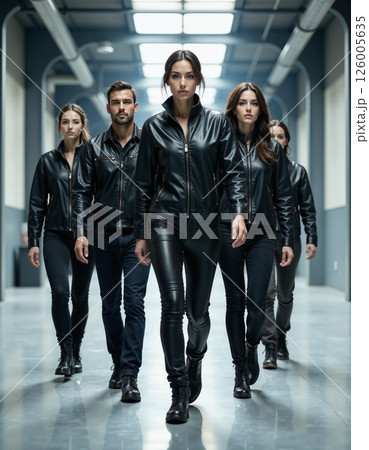 Urban fashion trendsetters in sleek black leather, captivating modern street style for autumn wardrobe inspiration Urban fashion trendsetters in sleek black leather, captivating modern street style for autumn wardrobe inspiration 126005635