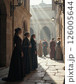 Vintage urban scene with elegant women in historical street architecture 126005644