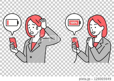 一位身穿西裝的女士正在為她的智慧型手機電池充電 - 套裝 126005649