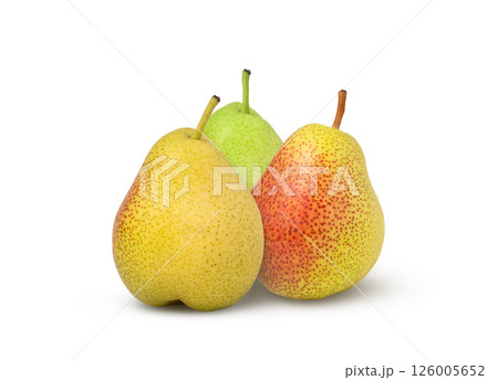 Green, yellow and red pear fruits isolated on white background.Three isolated pears. Green, yellow and red pear fruits isolated on white background.Three isolated pears. 126005652