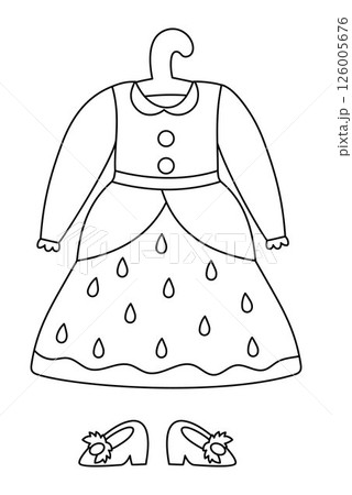 Vector black and white strawberry fairy clothes. Woodland princess berry shaped dress on hanger, shoes line icons. Forest fay costume illustration, coloring page. Fairytale wardrobe clipart Vector black and white strawberry fairy clothes. Woodland princess berry shaped dress on hanger, shoes line icons. Forest fay costume illustration, coloring page. Fairytale wardrobe clipart 126005676