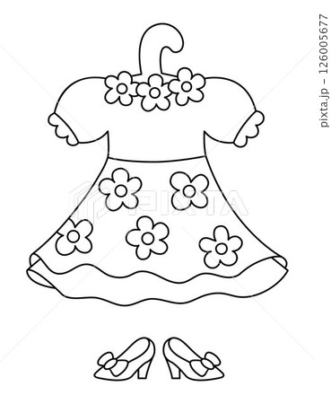 Vector black and white flower fairy clothes. Woodland princess dress with floral pattern on hanger and shoes line icon. Fantasy forest fay costume illustration, coloring page Vector black and white flower fairy clothes. Woodland princess dress with floral pattern on hanger and shoes line icon. Fantasy forest fay costume illustration, coloring page 126005677