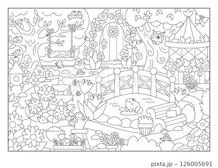 Vector empty black and white fairy garden background. Fairytale little princess back yard landscape. Magic orchard line scenery with fountain, pond, bench. Fantasy scene illustration, coloring page Vector empty black and white fairy garden background. Fairytale little princess back yard landscape. Magic orchard line scenery with fountain, pond, bench. Fantasy scene illustration, coloring page 126005691