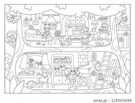 Vector black and white acorn fairy house background with cute girls. Woodland princess home interior landscape. Fantasy forest line scene. Magic fairytale treehouse scenery, coloring page 126005694