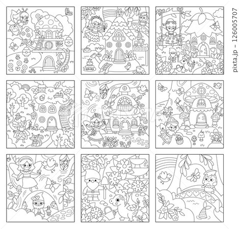 Vector black and white square fairyland backgrounds set. Cute fairy land line landscape collection. Woodland scenery with magic princess, treehouse, animals. Fantasy forest coloring page Vector black and white square fairyland backgrounds set. Cute fairy land line landscape collection. Woodland scenery with magic princess, treehouse, animals. Fantasy forest coloring page 126005707
