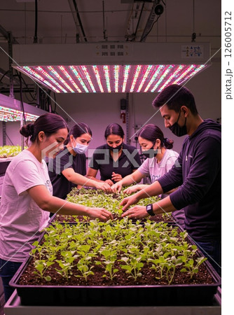 Indoor farming innovation workshop with diverse team cultivating plants under led grow lights 126005712