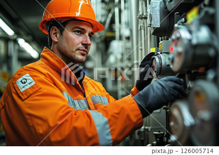 Industrial engineer in orange protective gear operating machinery in factory setting 126005714